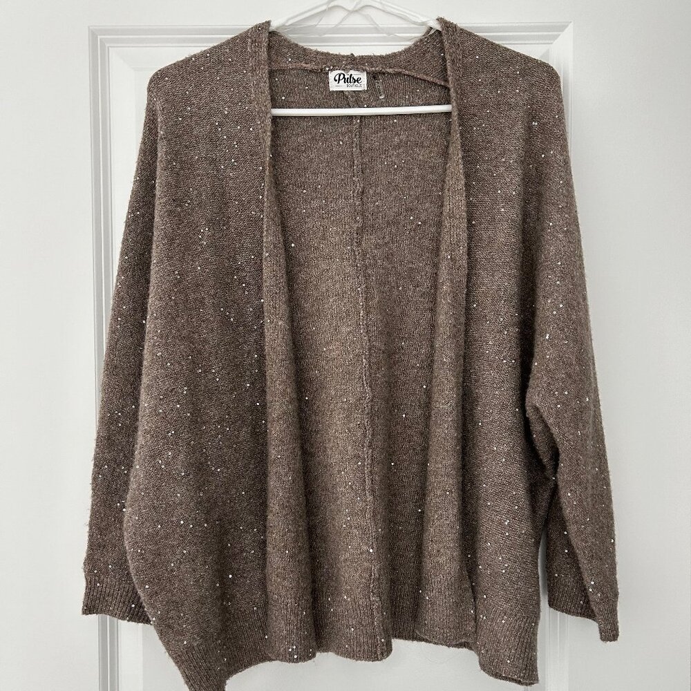 Pulse Boutique Sequin Glitter Knit Cardigan in Mocha